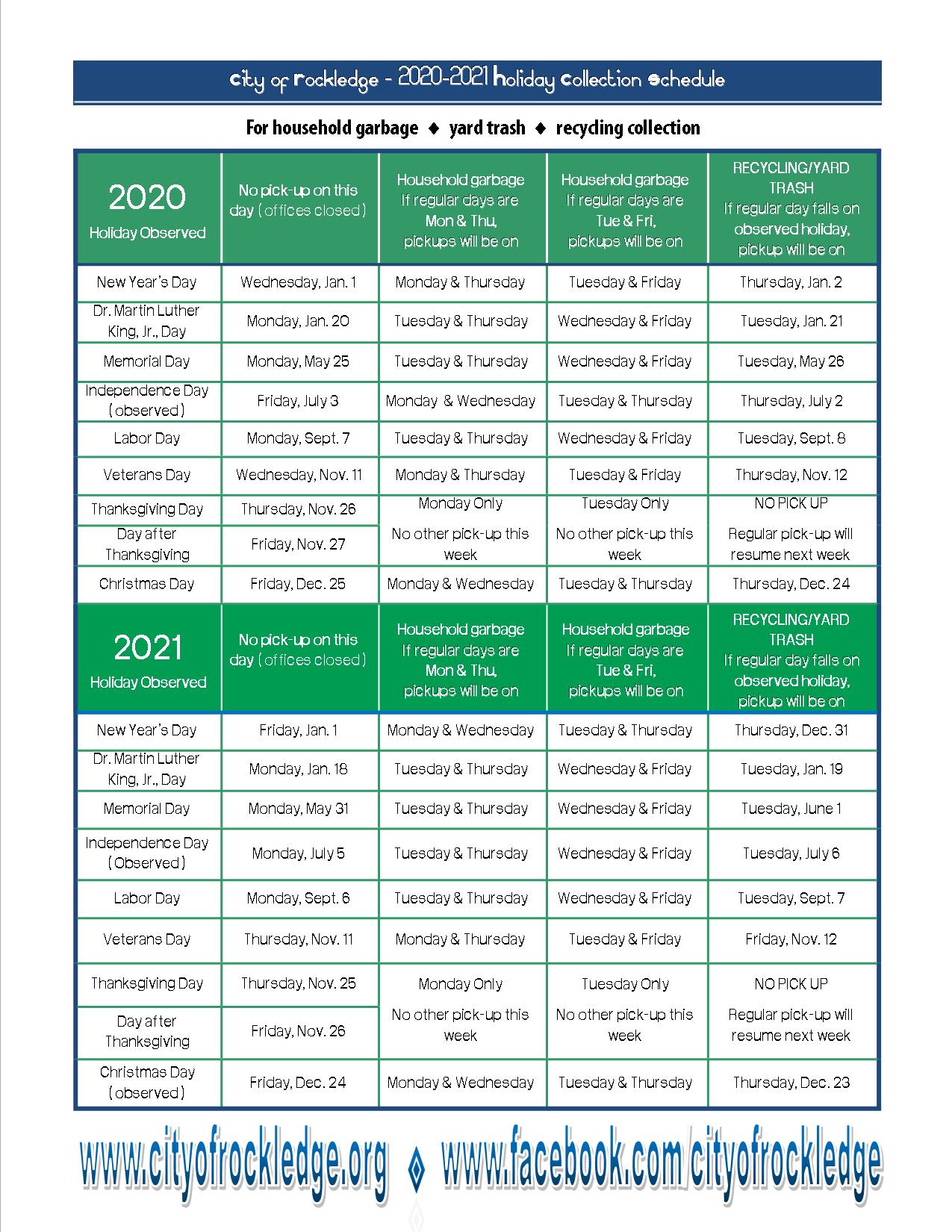 2020-2021 HOLIDAY COLLECTION SCHEDULE