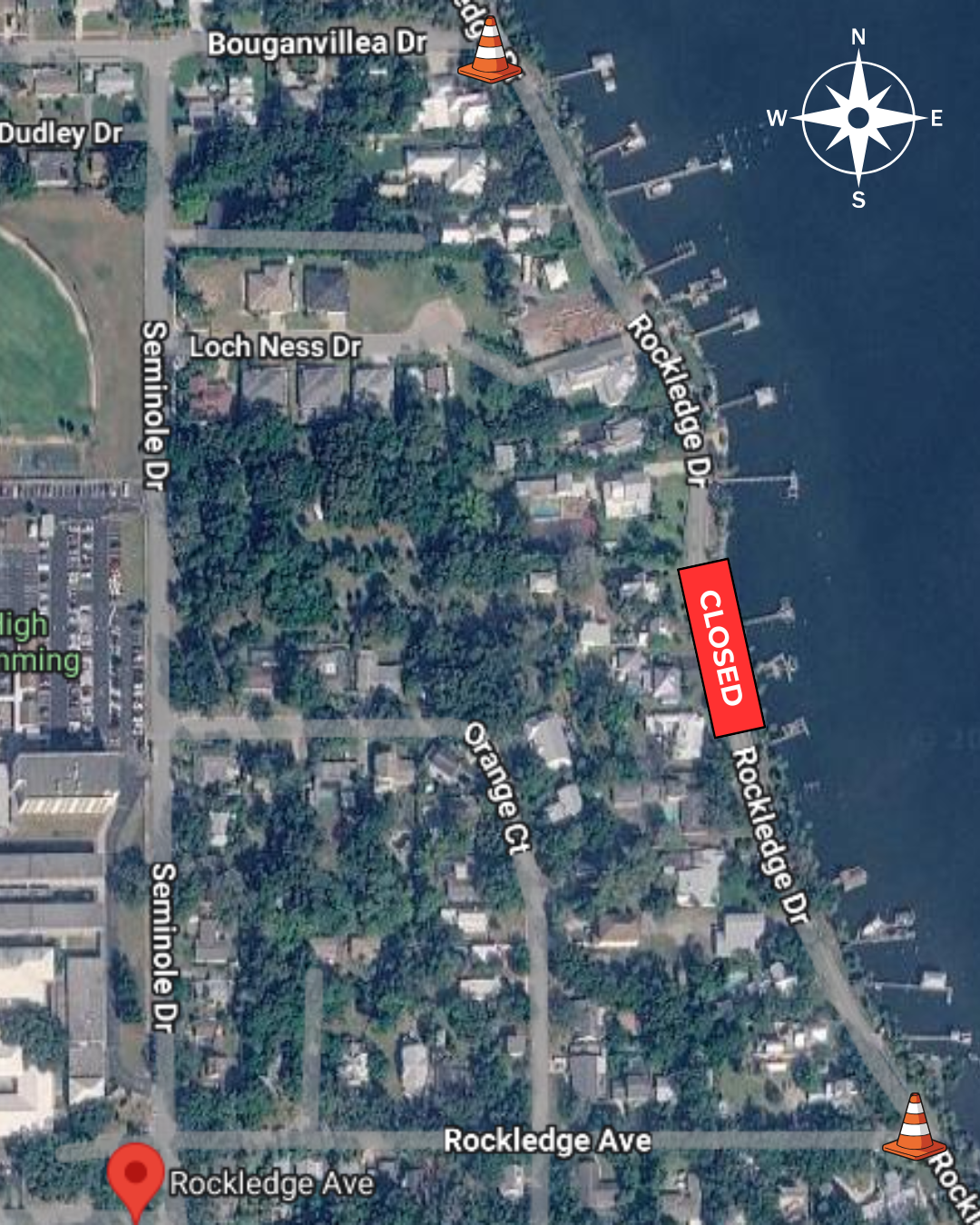 Map depicting area of Rockledge Drive between Bouganvillea Drive and Rockledge Avenue